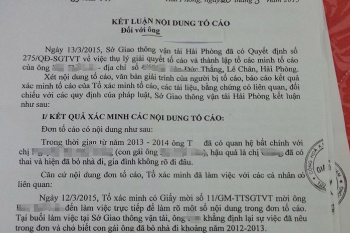 Bản kết luận về đơn tố cáo Phó giám đốc Sở GTVT Hải Phòng quan hệ bất chính