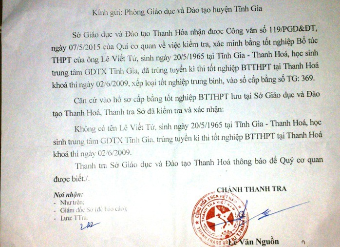 Công văn của Sở Giáo dục - Đào tạo tỉnh Thanh Hóa khẳng định bằng cấp ông Tứ đang sử dụng là không hợp lệ