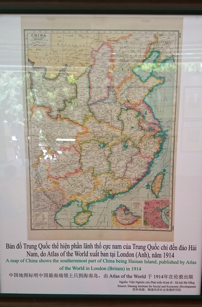 Bản đồ Trung Quốc do Atlas ot the World xuất bản tại London (Anh) vào năm 1914 thể hiện lãnh thổ của nước này chỉ đến đảo Hải Nam, không có Hoàng Sa và Trường Sa