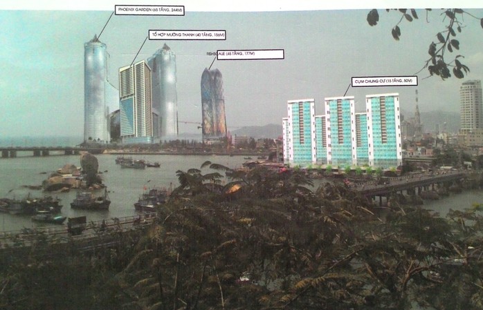 Phối cảnh Công trình Mường Thành Khánh Hòa và tổ hợp vườn treo, khách sạn Phoenix (Tập đoàn Dewan) ảnh hưởng cảnh quan nhìn từ Tháp Bà Ponagar