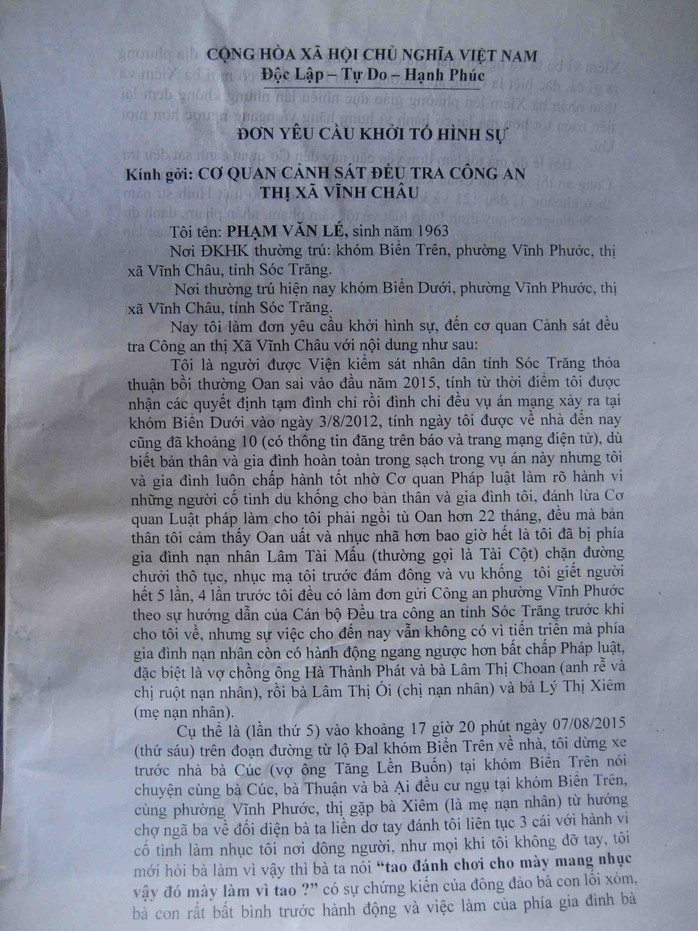 Đơn yêu cầu khởi tố hành vin xúc phạm danh dự, hành hung người khác được ông Lé gửi đến các ngành chức năng