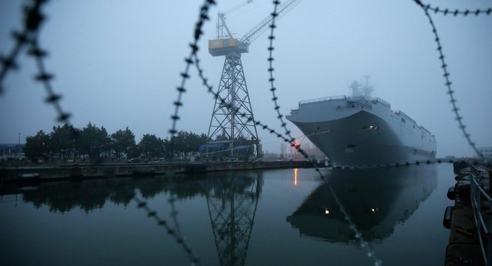 The Mistral-class helicopter carrier Vladivostok is seen at the STX Les Chantiers de lAtlantique shipyard site in Saint-Nazaire