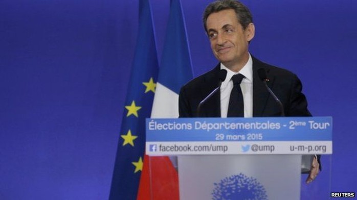 Nicolas Sarkozy, conservative UMP political party leader and former French president, attends a news conference after the close of polls in Frances second round Departmental elections