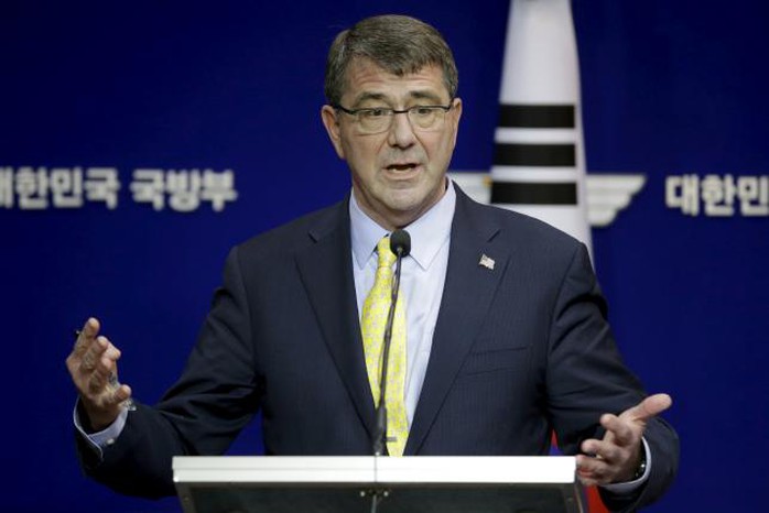 U.S. Defense Secretary Ash Carter answers reporters question during a joint news conference with his South Korean counterpart Han Min Koo at the Defense Ministry in Seoul, South Korea, Friday, April 10, 2015. REUTERS/Lee Jin-man