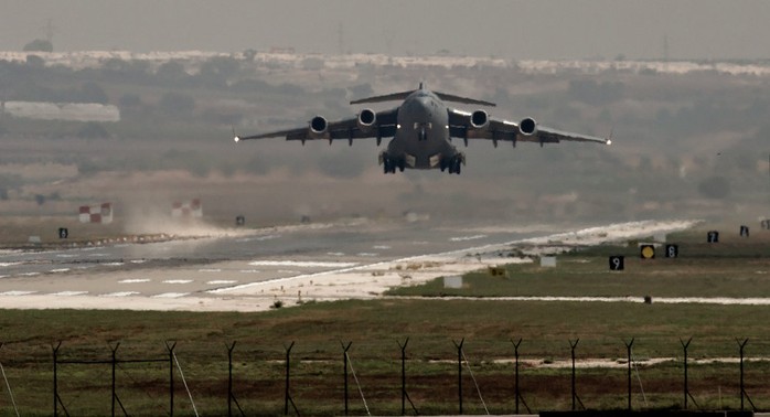 A US Air Force plane takes off from the Incirlik airbase, southern Turkey, Sunday, Sept. 1, 2013.