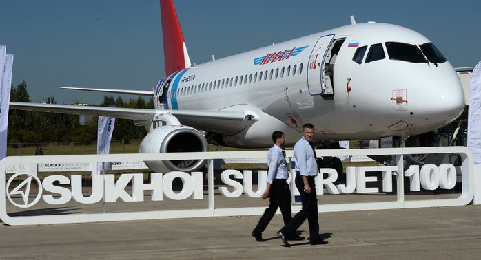 The Sukhoi Superjet 100 presented at the 2015 MAKS air shows opening ceremony in the Moscow suburban town of Zhukovsky