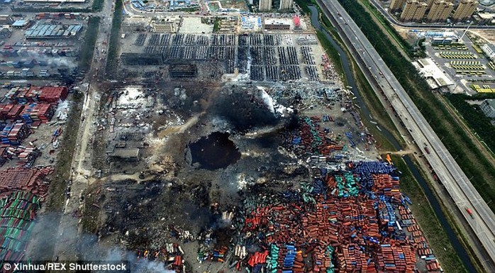 An aerial shot shows a massive hole caused by the two deadly explosions on August 12 in Tianjin