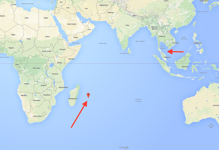 Nếu mảnh vỡ thực sự là của MH370 thì chiếc máy bay đã bay rất xa từ vùng biển phía Nam Việt Nam đến phía Tây Nam Ấn Độ Dương. Nguồn: Google Maps