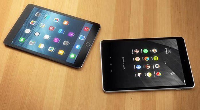 Tablet N1 của Nokia (phải) sẽ là đối thủ đáng gòm của iPad mini 3 và các tablet Andorid hiện có khác.