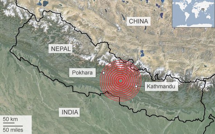 Khu vực xảy ra động đất. Nguồn: BBC