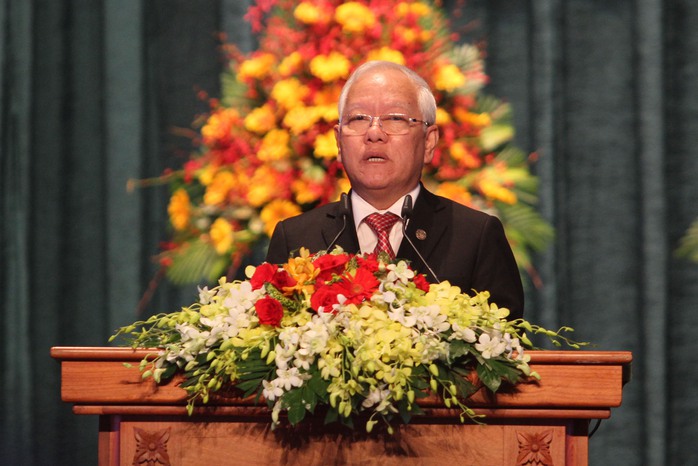 Ông Lê Hoàng Quân- chủ tịch Ủy ban Nhân dân TP HCM- đã gửi lời chúc tốt đẹp đến đại biểu và khách quý đến tham dự buổi lễ trang trọng. Ảnh: Hoàng Triều