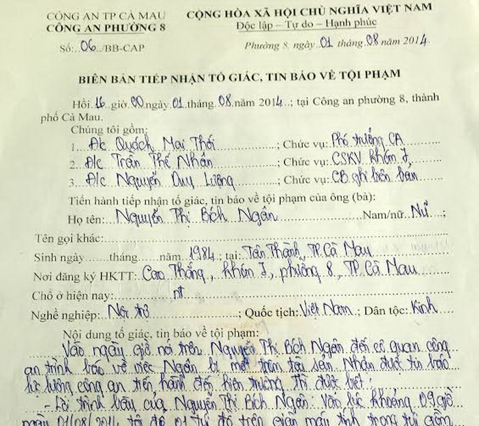 Biên bản ghi nhận việc chị Ngân báo bị mất vàng vào ngày 1-8-2014 do Công an phường 8, TP Cà Mau lập