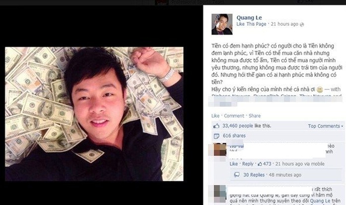 Quang Lê cũng từng gây sốc khi chụp ảnh với tiền