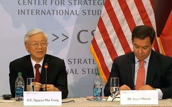 Tổng Bí thư Nguyễn Phú Trọng nói chuyện tại Trung tâm Nghiên cứu chiến lược và quốc tế (CSIS) ở thủ đô Washington D.C. - Ảnh: CSIS