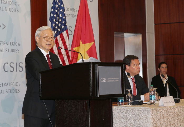 Tổng Bí thư Nguyễn Phú Trọng phát biểu tại Trung tâm Nghiên cứu chiến lược và quốc tế (CSIS)Ảnh: TTXVN
