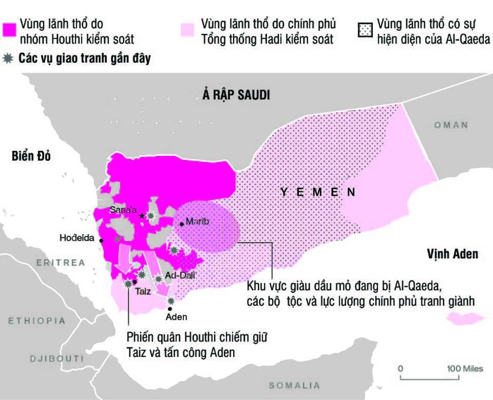 Yemen đang bị chia cắt bởi nhiều lực lượngNguồn: BLOOMBERG