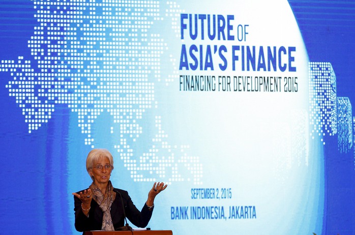 Bà Christine Lagarde, Tổng Giám đốc IMF, phát biểu tại một hội nghị tài chính ở thủ đô Jakarta - Indonesia hôm 2-9Ảnh: Reuters