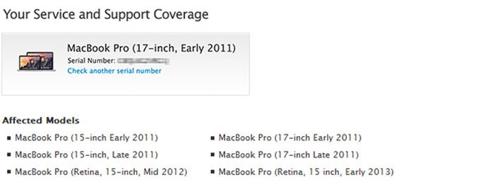 Danh sách các dòng Macbook Pro bị ảnh hưởng.
