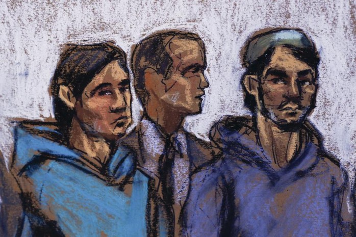 Ảnh phác họa 3 nghi phạm Akhror Saidakhmetov (trái), Abdurasul Hasanovich Juraboev (phải), Akhror Saidakmetov (giữa). Ảnh: EPA