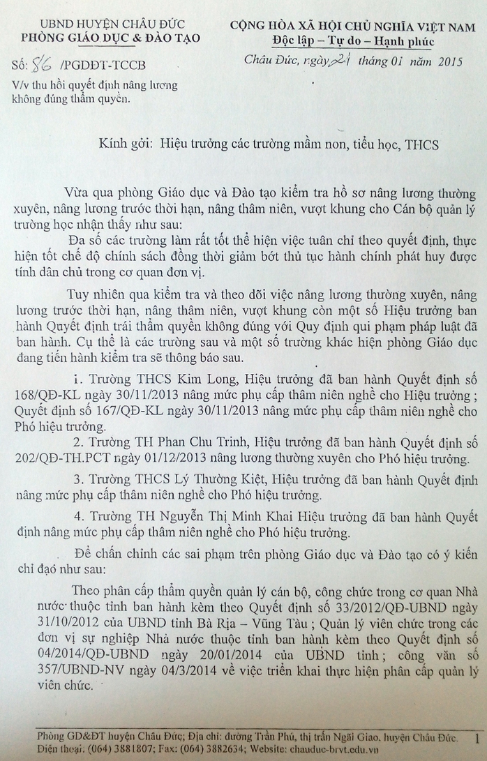 Quyết định thu hồi các quyết định nâng lương không đúng thẩm quyền công bố trên trang thông tin điện tử của phòng GD-ĐT huyện Châu Đức