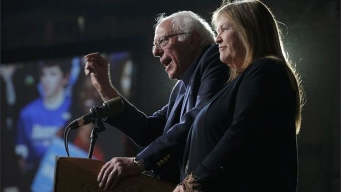 US Democratic presidential candidate and U.S. Senator Bernie Sanders is joined onstage by his wife Jane at his Super Tuesday rally in Burlington, Vermont on 1 March 2016.