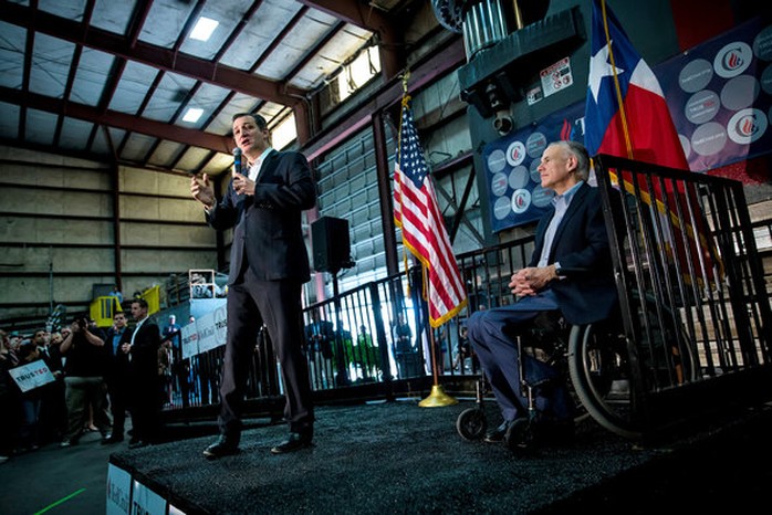 Senator Ted Cruz and Gov. Greg Abbott attended a campaign event in Houston on Feb. 24.