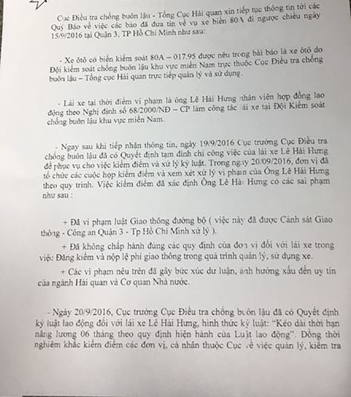 
Thông báo của Cục Điều tra chống buôn lậu - Tổng Cục Hải Quan về việc xử lý tài xế Hưng được phát đi ngày 21-9
