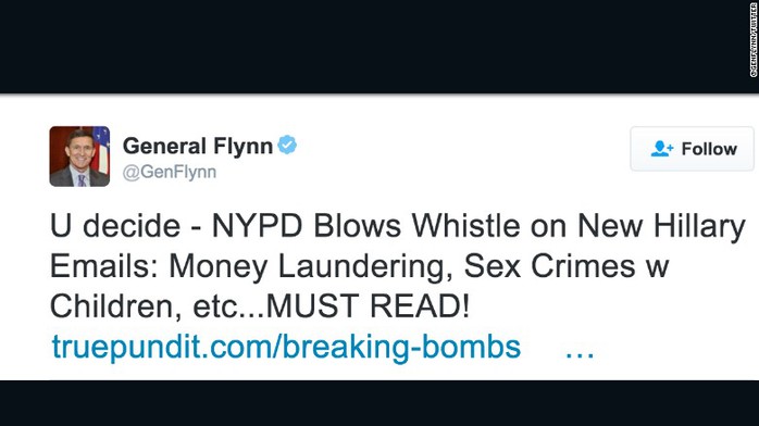 
Ông Flynn đã bí mật xóa dòng Tweet tấn công bà Clinton. Ảnh: CNN
