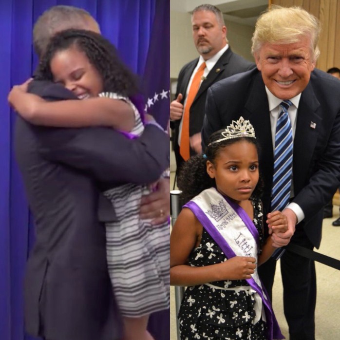 Biểu cảm trái ngược của bé gái khi gặp ông Trump và ông Obama. Ảnh: TWITTER