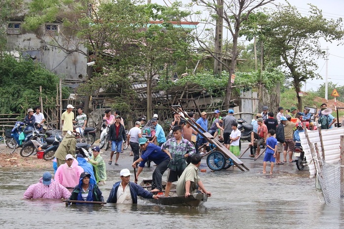 
Người dân dùng ghe và xe bò đưa xe máy và người sang khỏi vùng bị ngập
