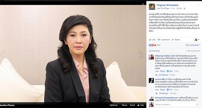 
Thông điệp trên được đăng tải trên trang Facebook cá nhân của bà Yingluck hôm 25-9. Ảnh: Bangkok Post
