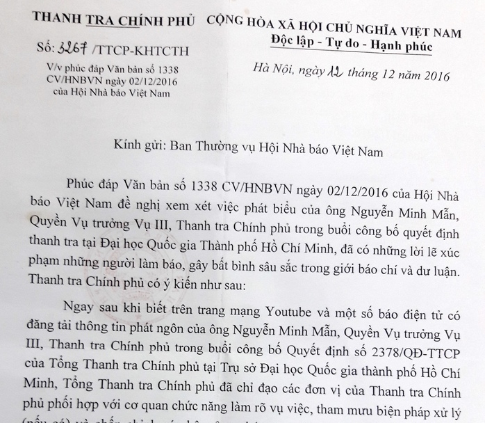 
Công văn Thanh tra Chính phủ gửi Hội Nhà báo Việt Nam
