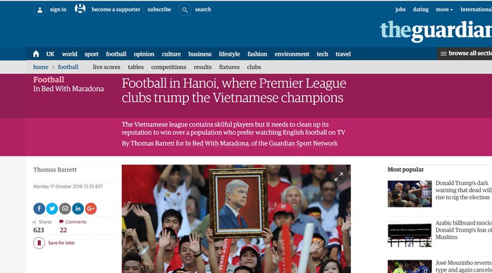 
Bài viết về bóng đá Việt Nam trên báo Guardian hôm 18-10 Ảnh: Minh Ngọc
