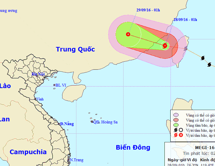 
Vị trí và dự báo hướng di chuyển của bão Megi - Nguồn: Trung tâm Dự báo khí tượng thủy văn Trung ương

