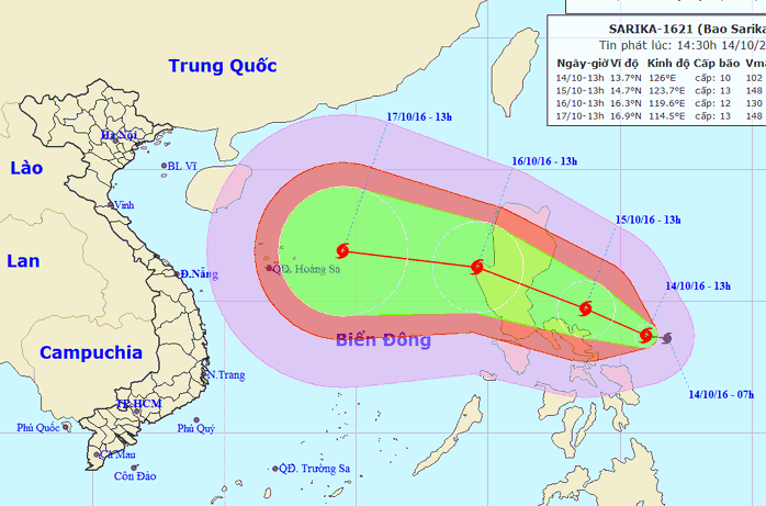 
Vị trí và dự báo đường đi của cơn bão Sarika-Nguồn: Trung tâm Dự báo khí tượng thuỷ văn trung ương
