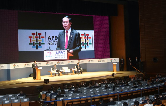 Chủ tịch nước Trần Đại Quang dự và phát biểu tại Hội nghị Thượng đỉnh Doanh nghiệp APEC Ảnh: TTXVN