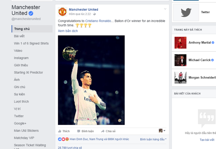 Lời chúc mừng gây bão của Man United dành cho người cũ Ronaldo