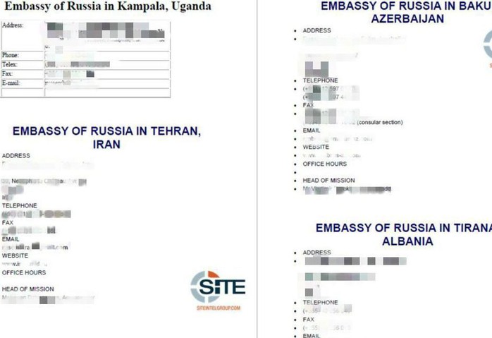 
IS loan truyền địa chỉ và thông tin liên lạc của các đại sứ quán Nga trên thế giới. Ảnh: Twitter
