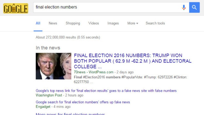 Ảnh chụp màn hình cho thấy Google hiển thị ở vị trí đầu tiên thông tin sai nói rằng ông Trump thắng phiếu phổ thôngẢnh: CBS