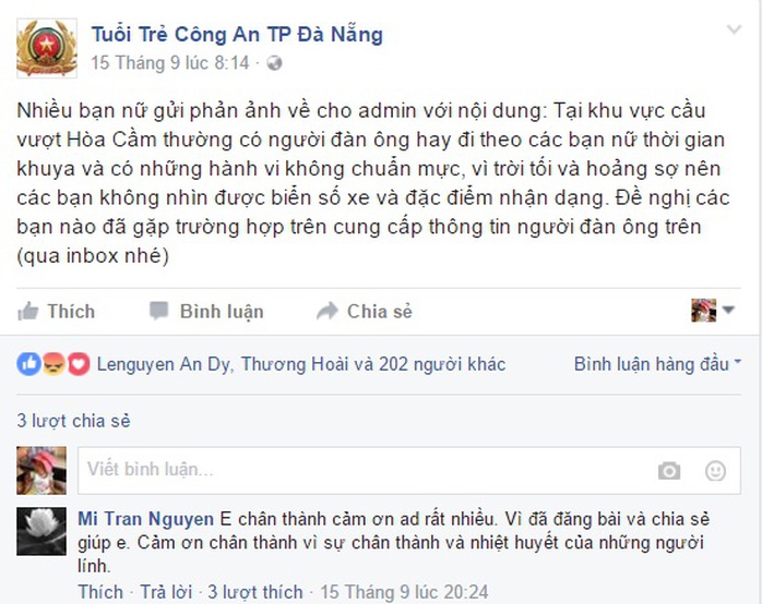 
Thông tin phản ánh và kêu gọi nạn nhân trình báo sự việc trên Fapage của Công an TP Đà Nẵng
