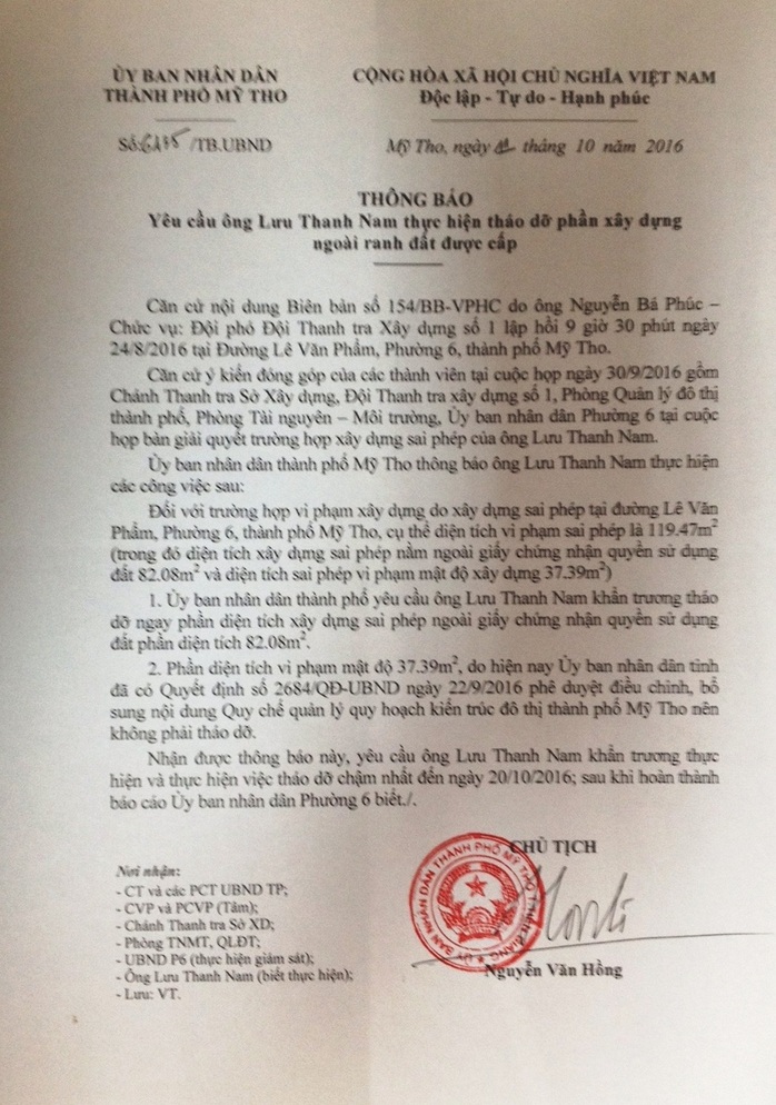 
Văn bản chủ tịch UBND TP Mỹ Tho yêu cầu tháo dỡ phần đất công mà ông Nam lấn chiếm nhưng ông vẫn bất chấp pháp luật
