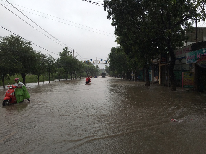 
Nhiều tuyến đường trong nội thành Quy Nhơn bị nước dâng cao, người dân không thể đi lại được
