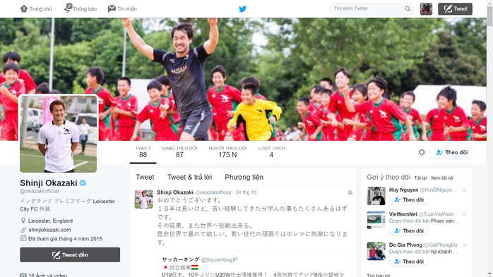 Okazaki chúc mừng U19 Nhật trên trang Twitter và kêu gọi các đàn em trút giận lên đối thủ ở giải U19 châu Á, đầu tiên là trận bán kết gặp U19 Việt Nam