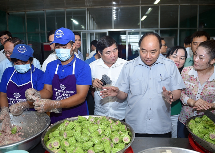 Thủ tướng thăm cơ sở chế biến suất ăn công nghiệp Tú Anh. Ảnh: VGP/Quang Hiếu