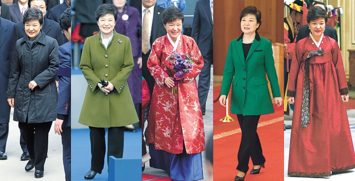 
Báo chí Hàn Quốc thống kê bà Park thay 5 bộ trang phục trong ngày nhậm chức 25-2-2013. Ảnh: Korea Herald
