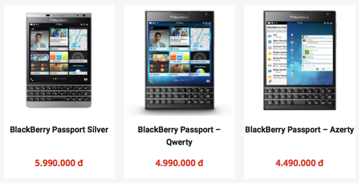 
Giá bán của 3 phiên bản BlackBerry Passport xách tay tại Việt Nam tại một cửa hàng ở Hà Nội. Ảnh chụp màn hình.
