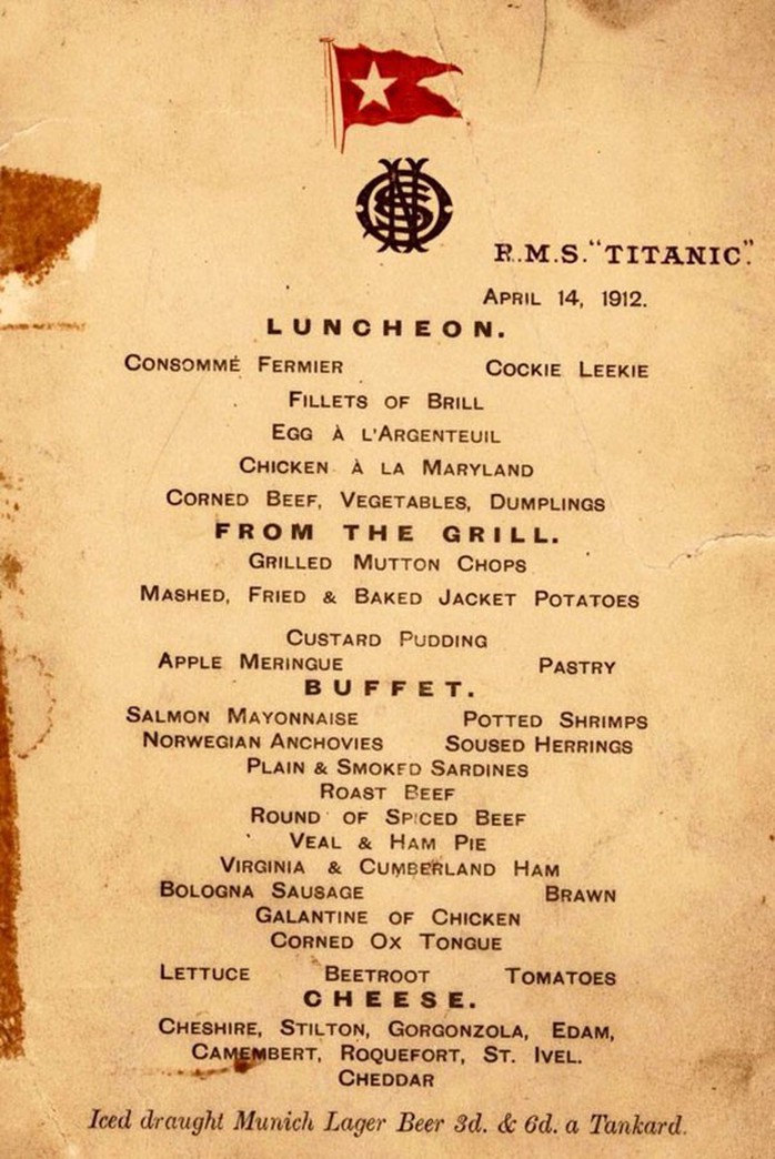 Menu thức ăn dành cho hành khách hạng nhất trên Titanic. Ảnh: Herny Aldridge & Son.