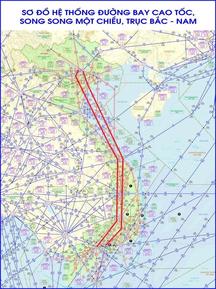 
Sơ đồ đường hàng không cao tốc song song một chiều trục bay Bắc - Nam sẽ được vận hành từ ngày 18-8
