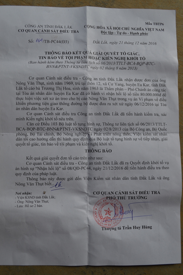 
Thông báo quyết định khởi tố của Công an tỉnh Đắk Lắk
