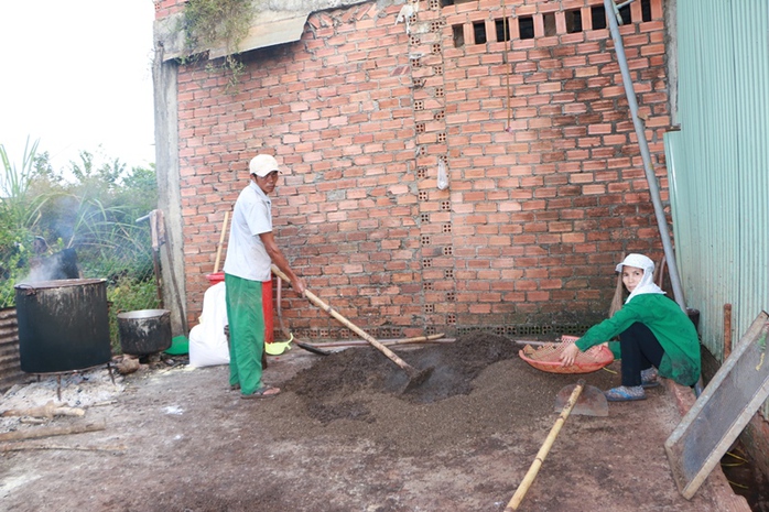 Ông Lệ và bà Cúc đang trộn hợp chất vừa nấu xong vào đống hạt tiêu lép để trộn đều cho kết dính vào hạt tiêu.